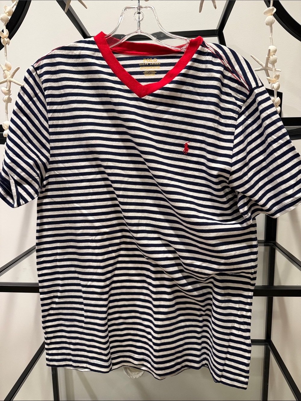 Polo by Ralph Lauren Navy & White Striped Tee with Red Trim